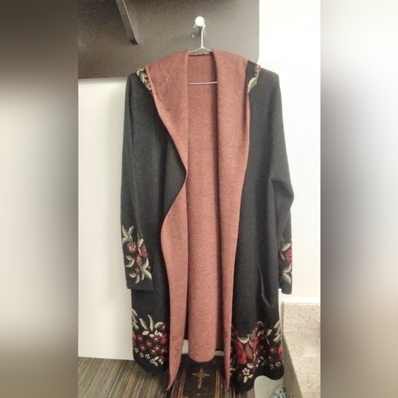 BCBG max sport lack floral duster wool blend large pockets hood open sweater - Picture 4 of 5